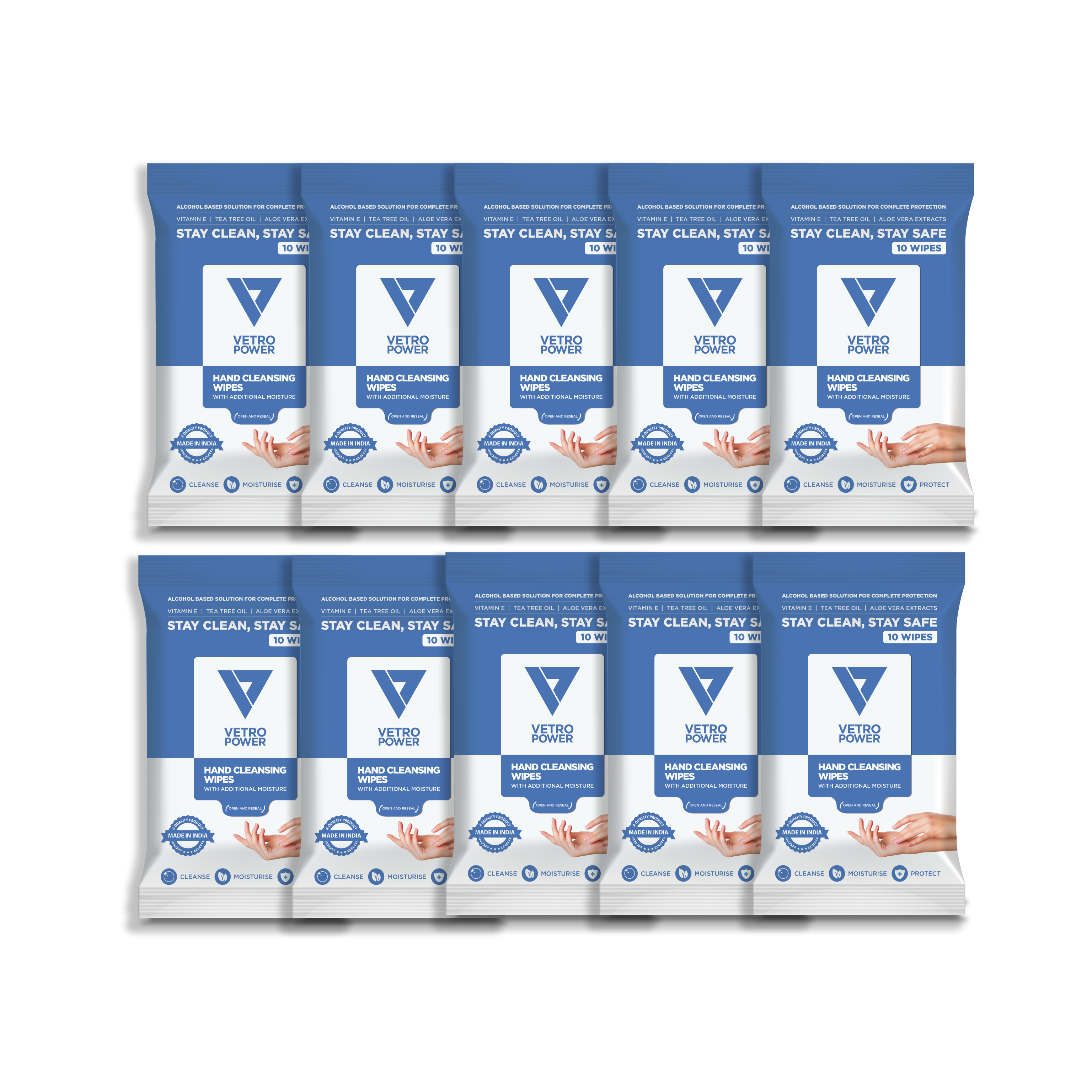 Vetro Power Hand Cleansing Wipes with Aloe Vera, Vitamin E & Tea Tree Oil - 100 Wipes (Pack of 10, 10 each)