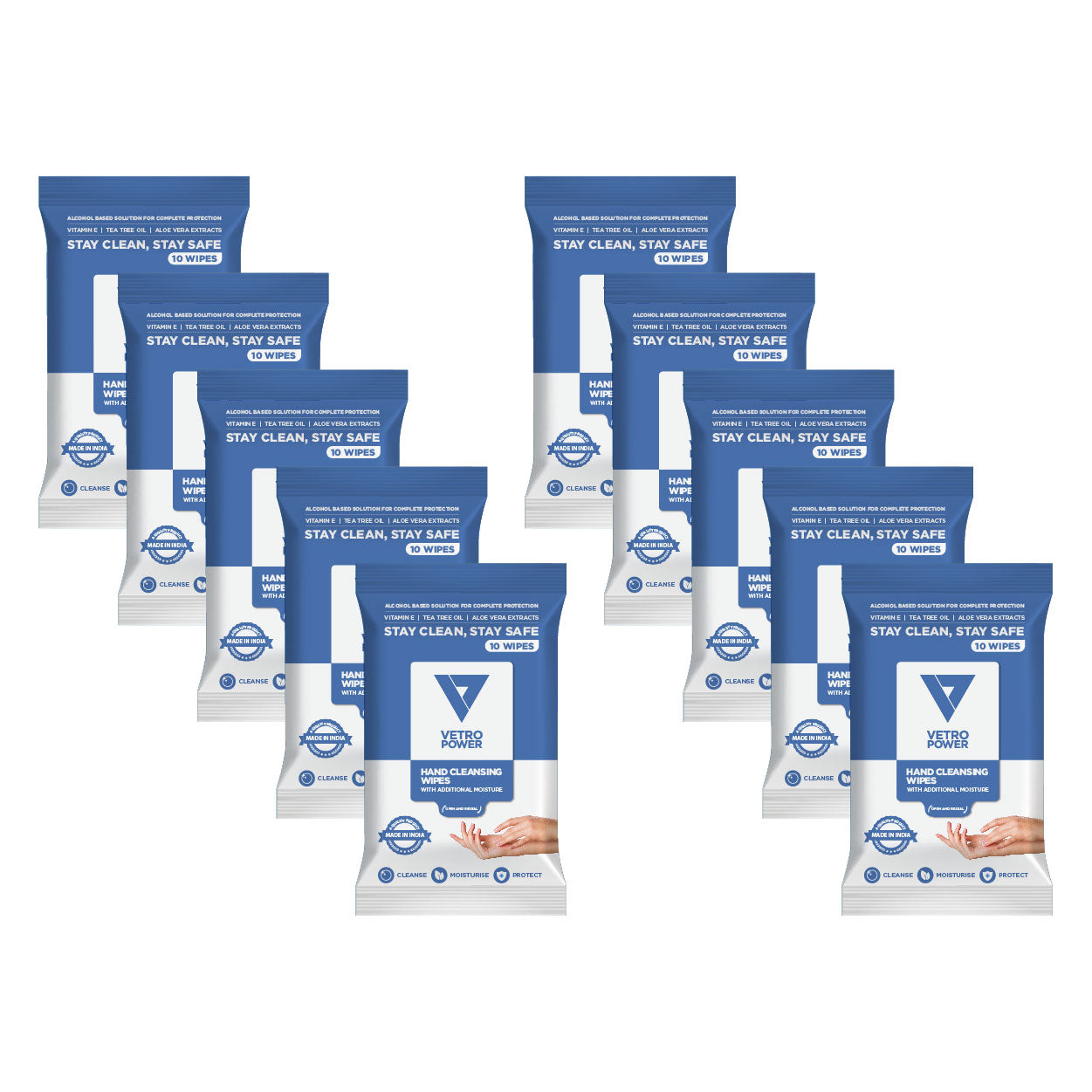Vetro Power Hand Cleansing Wipes with Aloe Vera, Vitamin E & Tea Tree Oil - 100 Wipes (Pack of 10, 10 each)