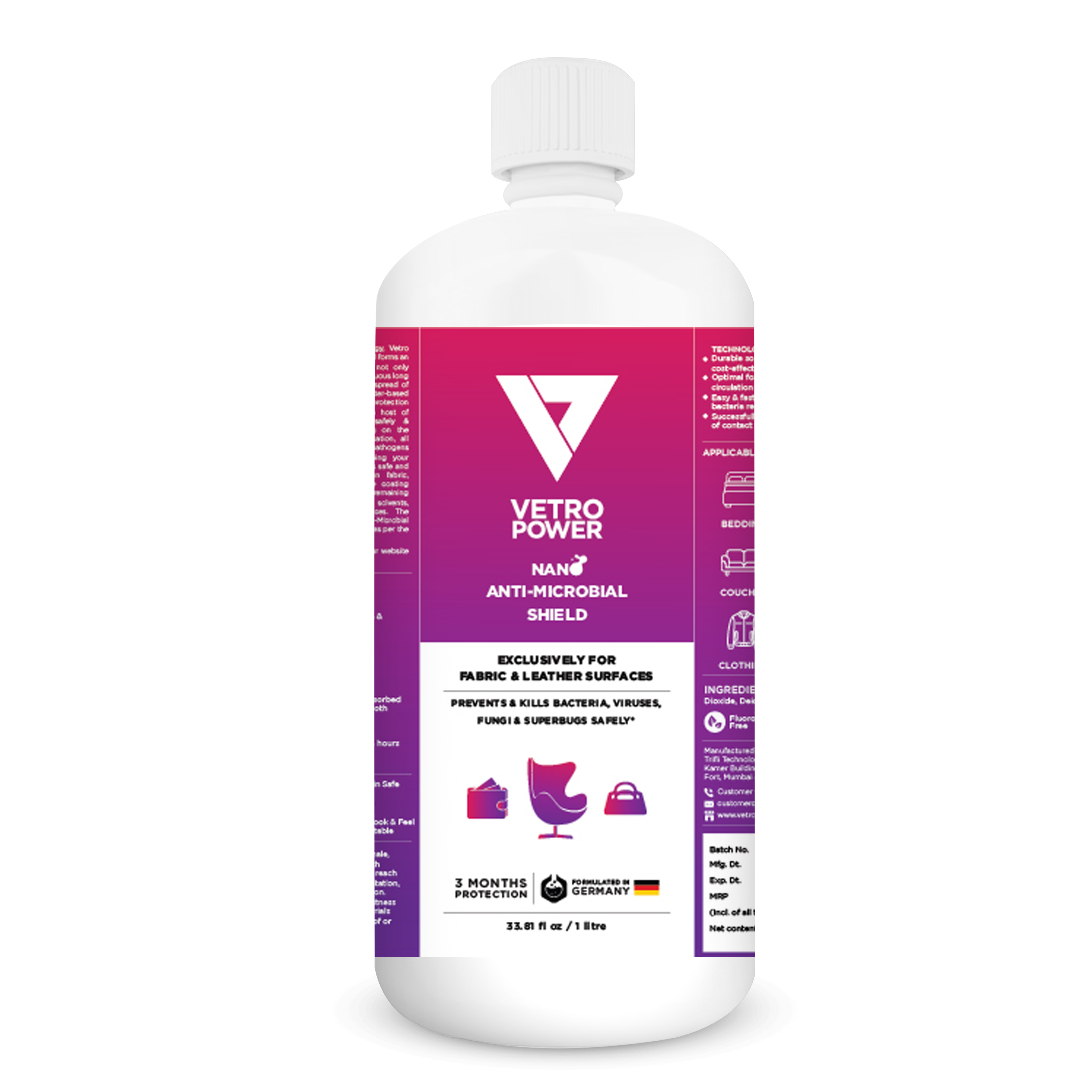 Vetro Power Nano Anti-Microbial Shield for Fabric & Leather Surfaces - 1 Litre