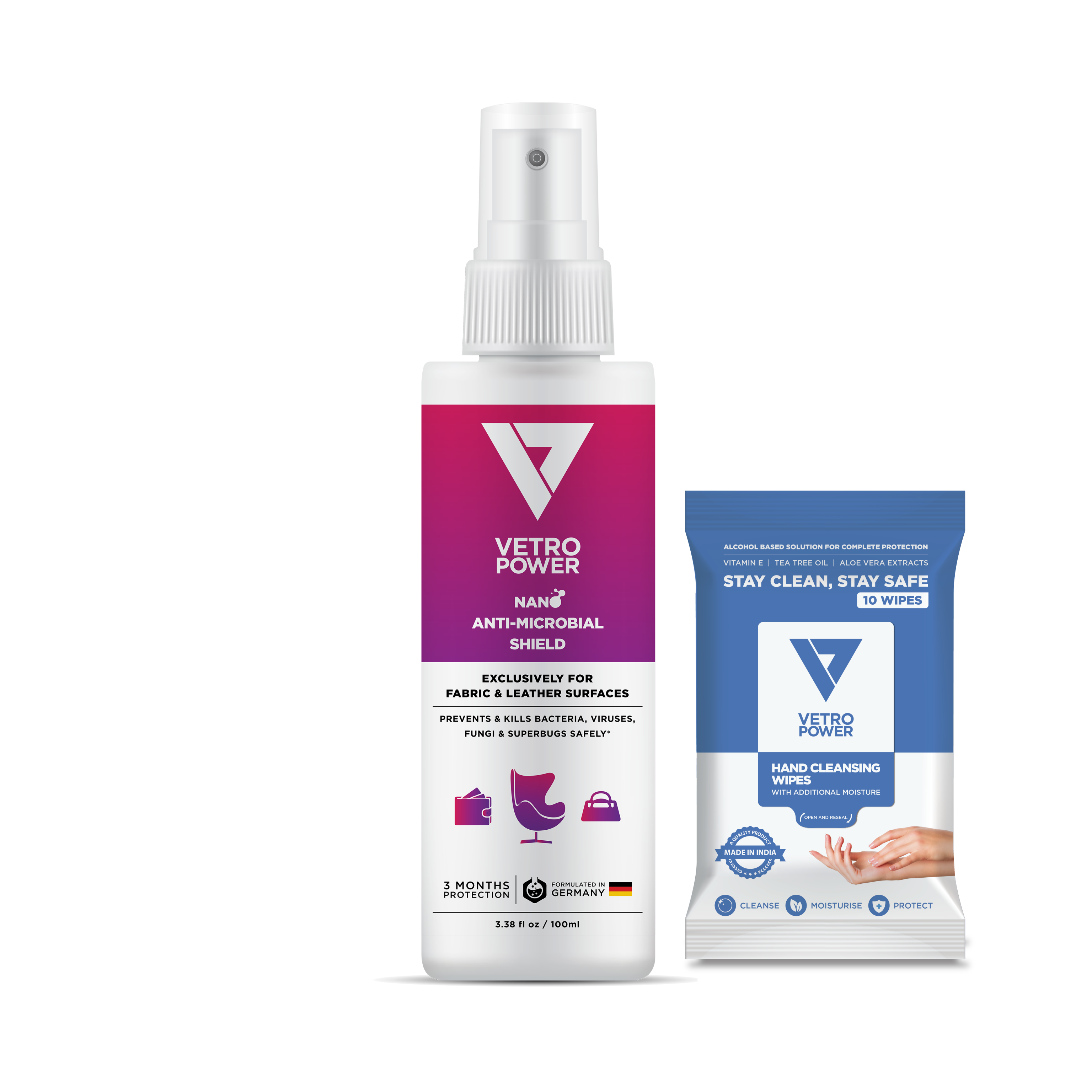 Vetro Power Nano Anti-Microbial Shield for Fabric & Leather Surfaces 100ml - Buy 1 Get 1 Hand Wipes (pack of 10) FREE