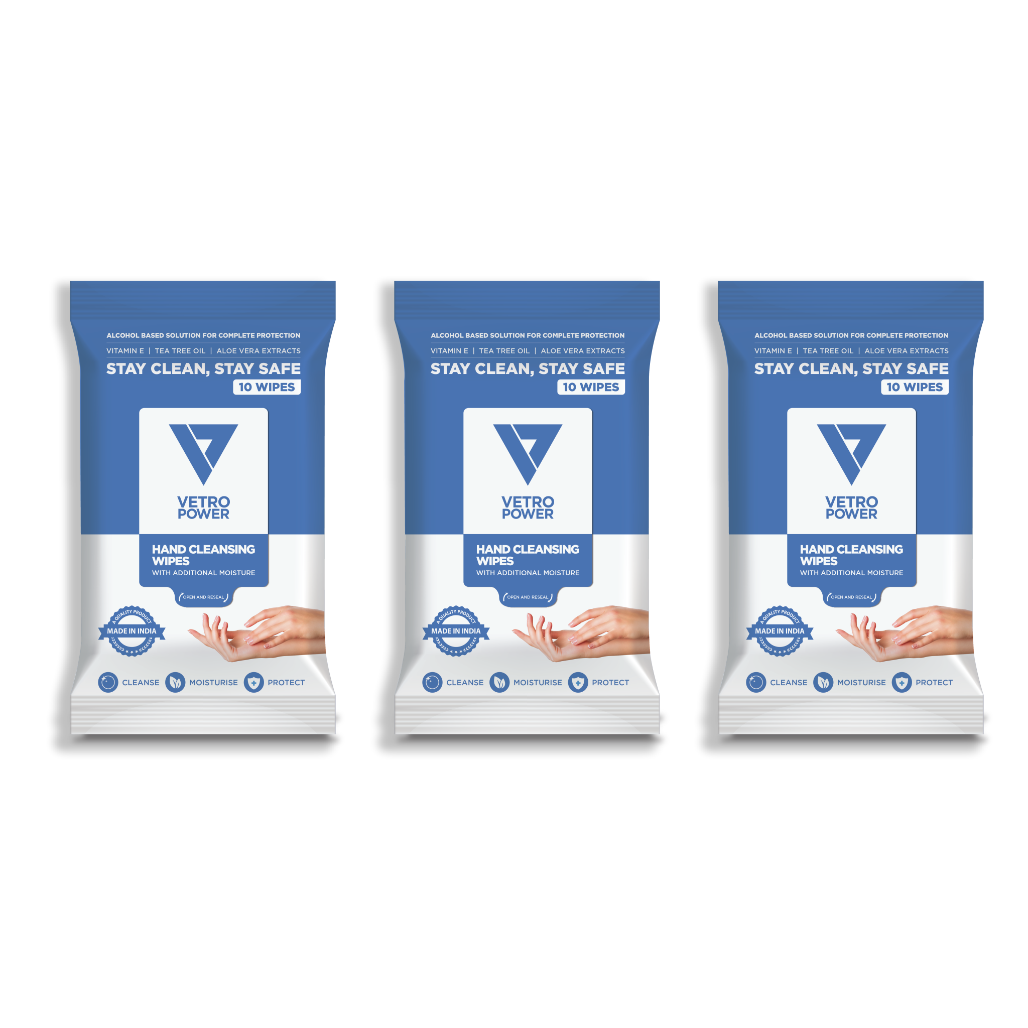 Vetro Power Hand Cleansing Wipes with Aloe Vera, Vitamin E & Tea Tree Oil - 30 Wipes (Pack of 3, 10 each)