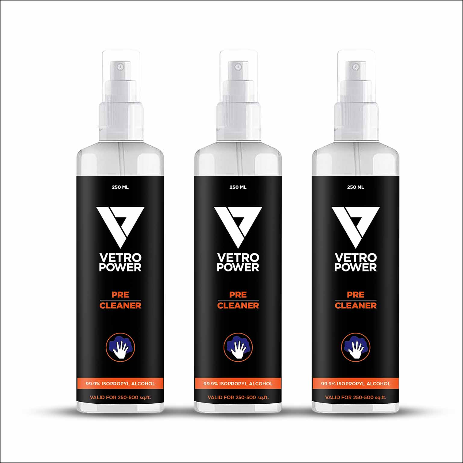 Vetro Power Pre-Cleaner 250ml - 99.99% Isopropyl Alcohol (pack of 3, 750ml)