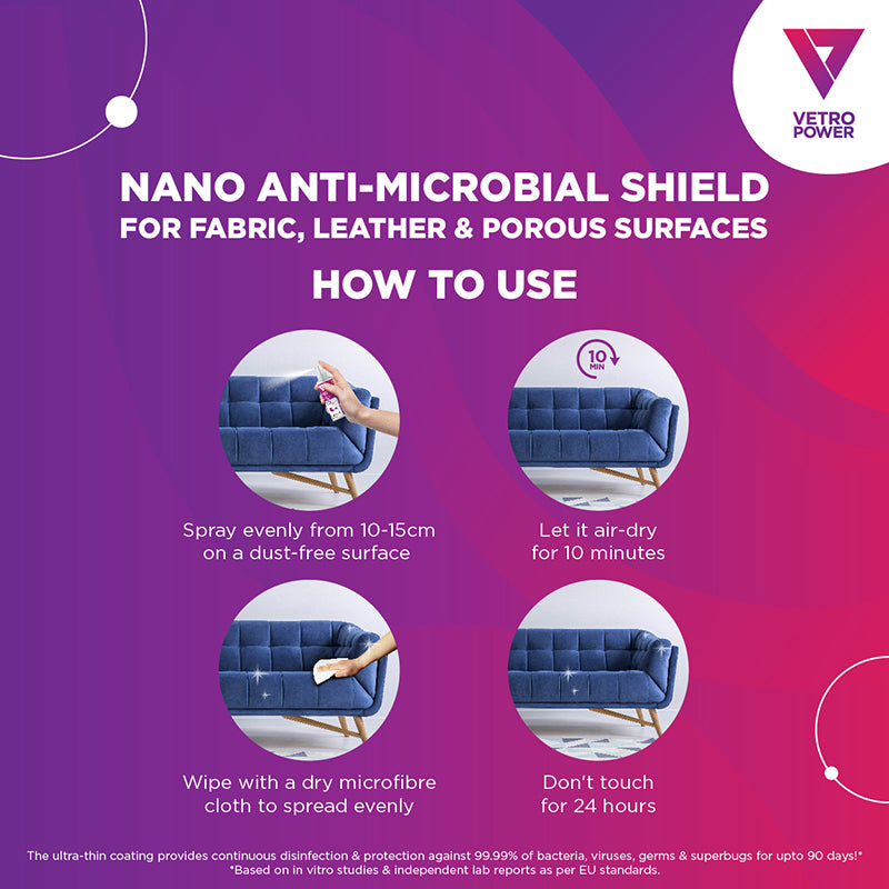 Vetro Power Nano Anti-Microbial Shield 100ml for Fabric & Leather Surfaces How To Use
