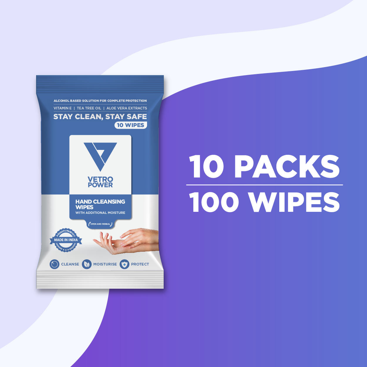 Vetro Power Hand Cleansing Wipes with Aloe Vera, Vitamin E & Tea Tree Oil - 100 Wipes (Pack of 10, 10 each)