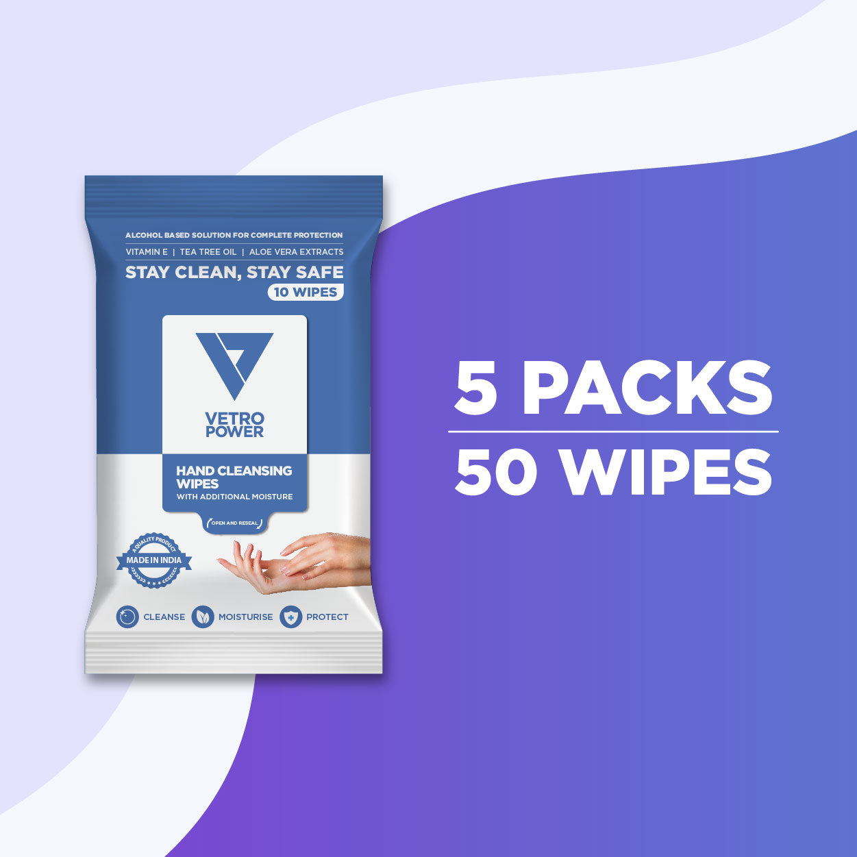Vetro Power Hand Cleansing Wipes with Aloe Vera, Vitamin E & Tea Tree Oil - 50 Wipes (Pack of 5, 10 each)