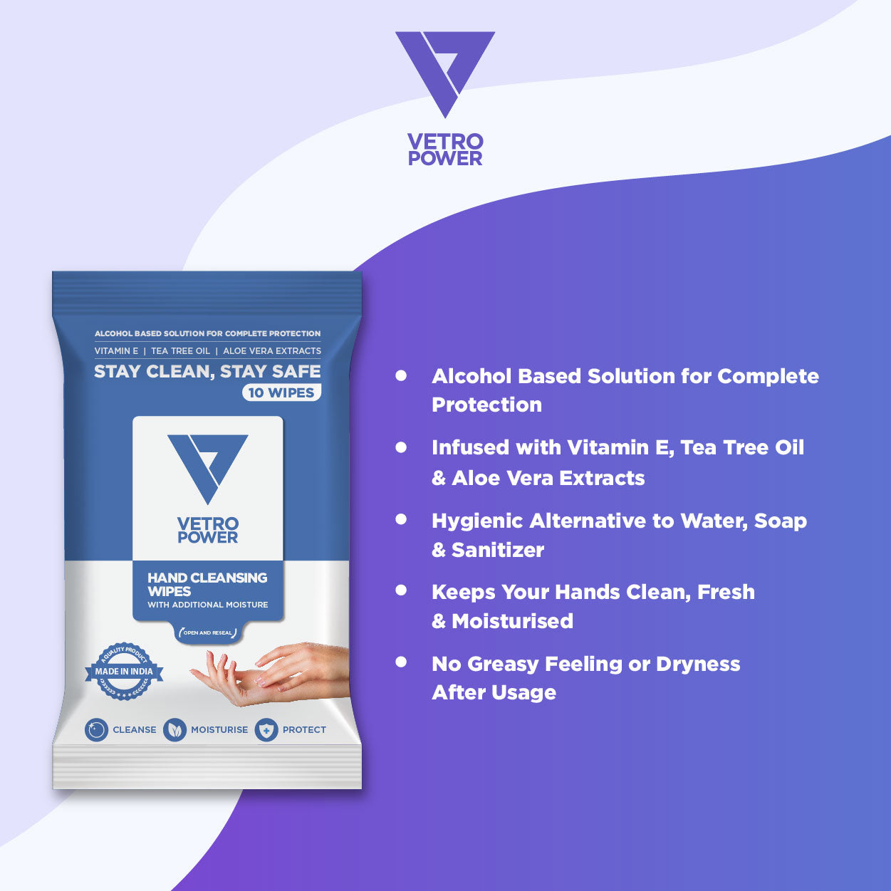 Vetro Power Hand Cleansing Wipes with Aloe Vera, Vitamin E & Tea Tree Oil - 50 Wipes (Pack of 5, 10 each)