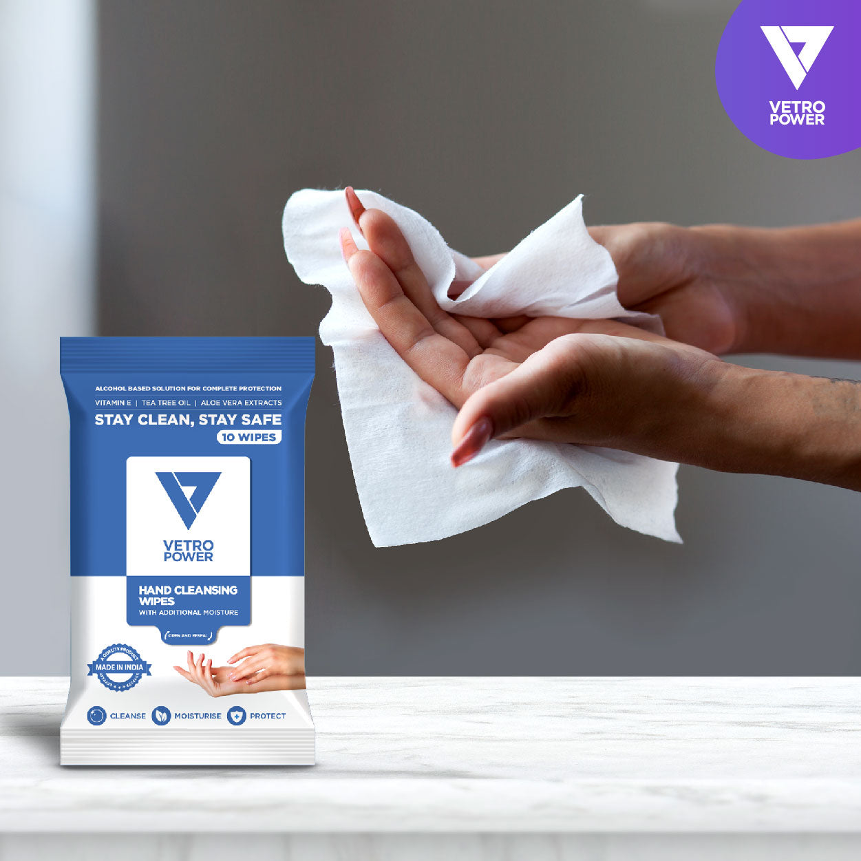 Vetro Power Hand Cleansing Wipes with Aloe Vera, Vitamin E & Tea Tree Oil - 50 Wipes (Pack of 5, 10 each)