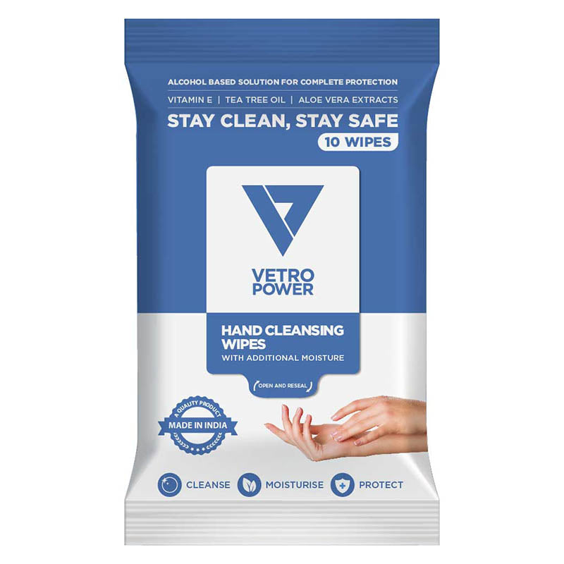 Vetro Power Hand Cleansing Wipes with Aloe Vera, Vitamin E & Tea Tree Oil - 50 Wipes (Pack of 5, 10 each)